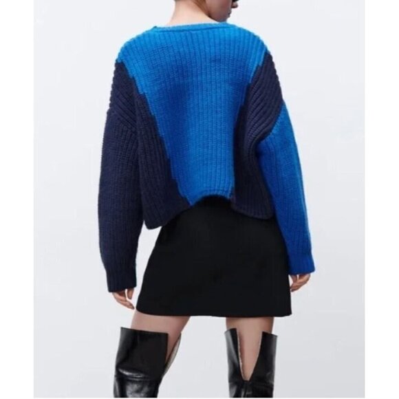 Zara Sweater Womens Medium Blue Color Block Chunky Cropped Boho Blogger Fav - Picture 5 of 10
